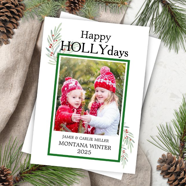 Cute Holly Leaves Happy HolIdays Kids Christmas Holiday Card (cute colorful watercolor holly kids christmas card reads happy holly days with single photo frame)