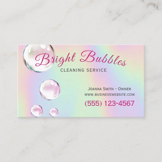 Cute Holographic Bubbles Maid Cleaning Service Business Card (Front)