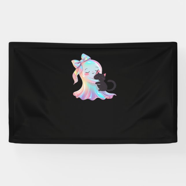 Cute Holographic Ghost Hugging Black Cat Cosy Girl Banner (Horizontal)