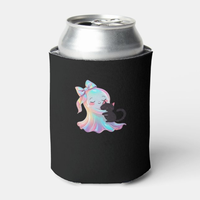 Cute Holographic Ghost Hugging Black Cat Cosy Girl Can Cooler (Can Front)