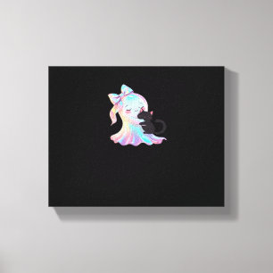 Cute Holographic Ghost Hugging Black Cat Cosy Girl Canvas Print
