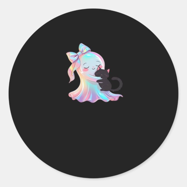 Cute Holographic Ghost Hugging Black Cat Cosy Girl Classic Round Sticker (Front)