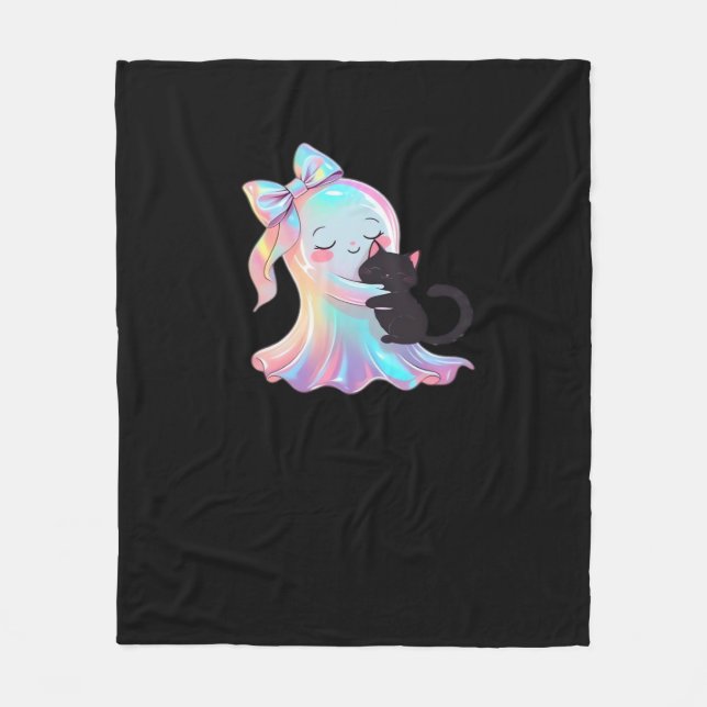 Cute Holographic Ghost Hugging Black Cat Cosy Girl Fleece Blanket (Front)