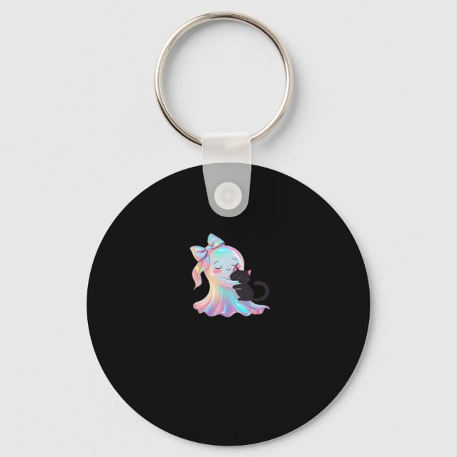 Cute Holographic Ghost Hugging Black Cat Cosy Girl Key Ring (Front)