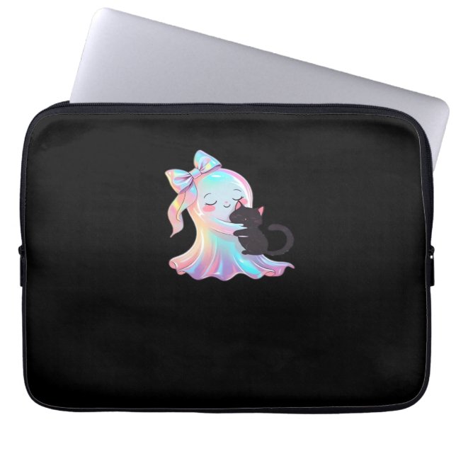 Cute Holographic Ghost Hugging Black Cat Cosy Girl Laptop Sleeve (Front)
