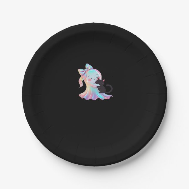 Cute Holographic Ghost Hugging Black Cat Cosy Girl Paper Plate (Front)