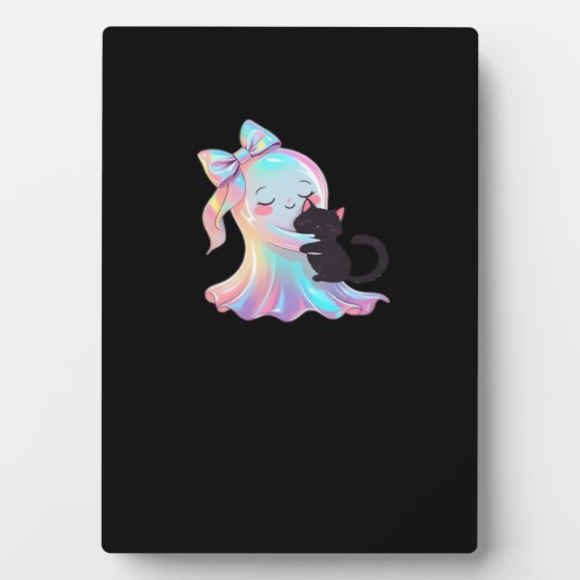 Cute Holographic Ghost Hugging Black Cat Cosy Girl Plaque (Front)