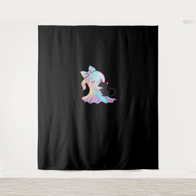 Cute Holographic Ghost Hugging Black Cat Cosy Girl Tapestry (Front)