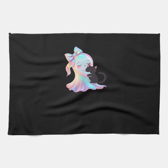 Cute Holographic Ghost Hugging Black Cat Cosy Girl Tea Towel (Horizontal)