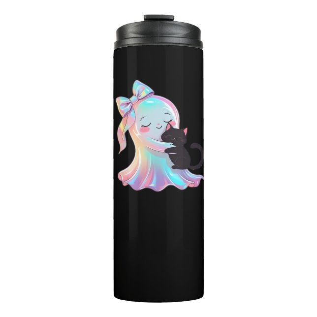 Cute Holographic Ghost Hugging Black Cat Cosy Girl Thermal Tumbler (Front)