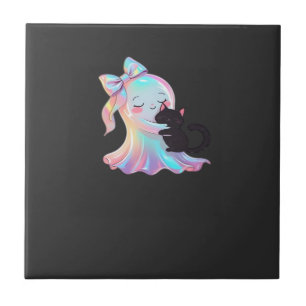 Cute Holographic Ghost Hugging Black Cat Cosy Girl Tile