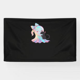 Cute Holographic Ghost Hugging Black Cat Cozy Girl Banner
