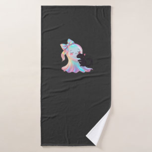 Cute Holographic Ghost Hugging Black Cat Cozy Girl Bath Towel