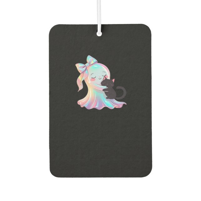 Cute Holographic Ghost Hugging Black Cat Cozy Girl Car Air Freshener (Front)