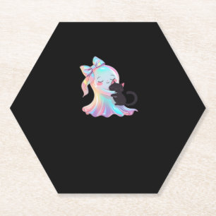 Cute Holographic Ghost Hugging Black Cat Cozy Girl Paper Coaster