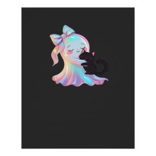 Cute Holographic Ghost Hugging Black Cat Cozy Girl Poster