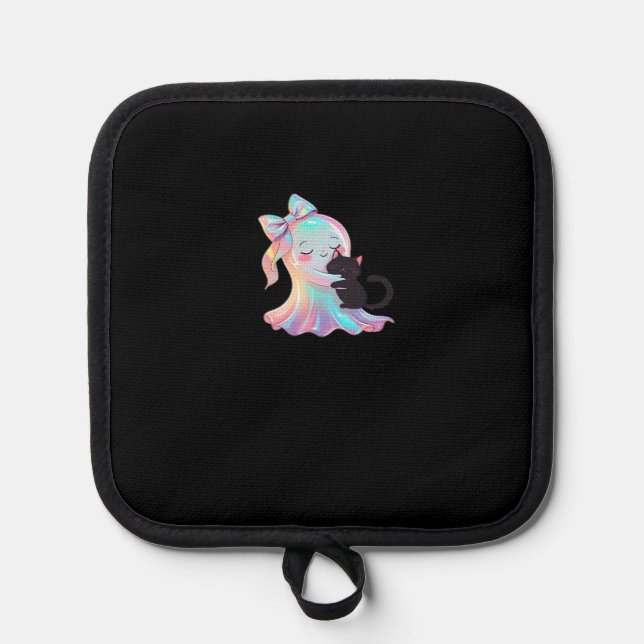 Cute Holographic Ghost Hugging Black Cat Cozy Girl Pot Holder (Front)