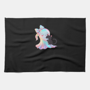 Cute Holographic Ghost Hugging Black Cat Cozy Girl Tea Towel