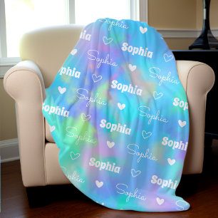 Cute holographic repeating name personalised girly fleece blanket