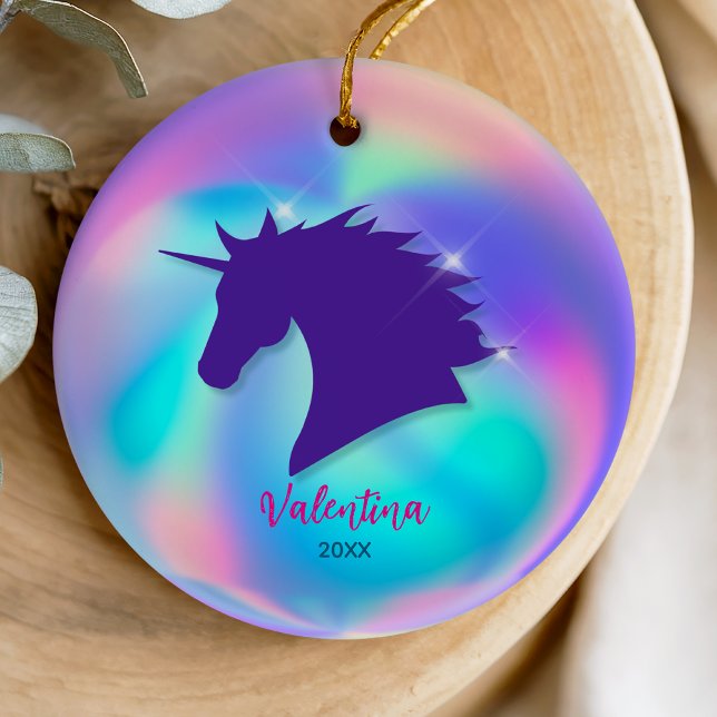 Cute holographic unicorn girly holiday keepsake ceramic tree decoration (Creator Uploaded)