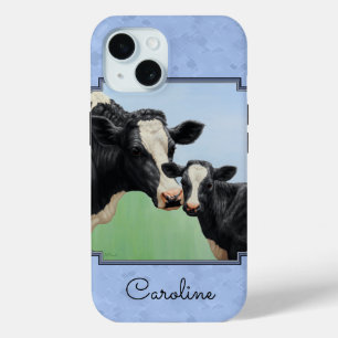 Cute Holstein Calf & Cow Sky Blue iPhone 15 Case