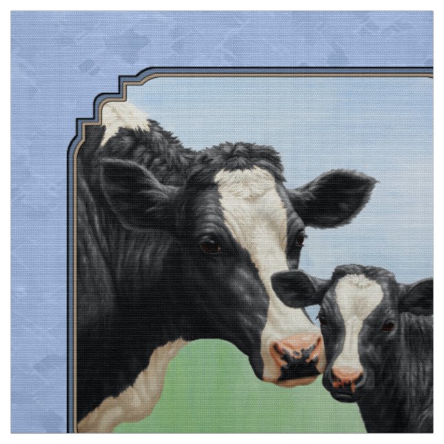 Cute Holstein Calf & Cow Sky Blue Fabric (Swatch)