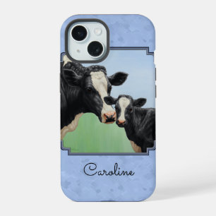 Cute Holstein Calf & Cow Sky Blue iPhone 15 Case
