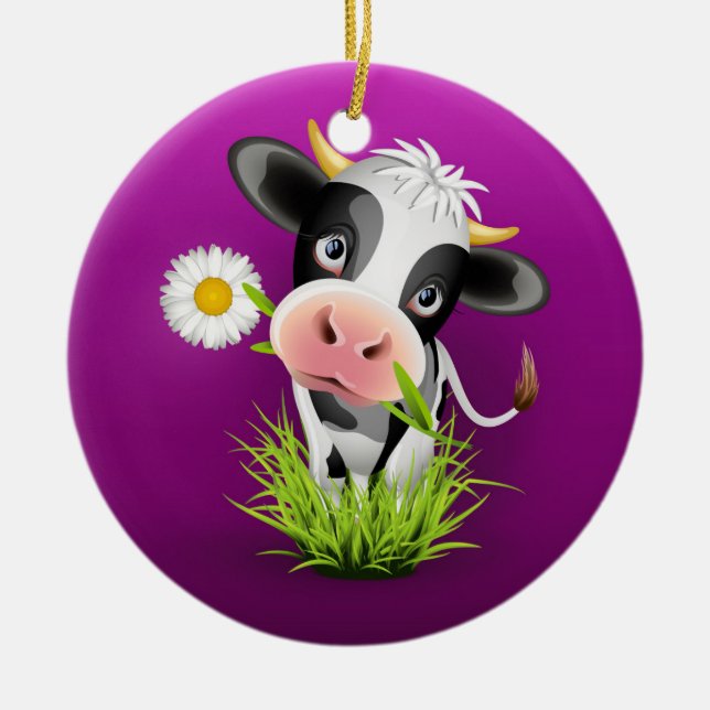 Cute Holstein cow in grass over purple Ceramic Tree Decoration (Front)