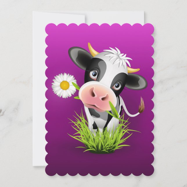 Cute Holstein cow in grass over purple Holiday Card (Front)