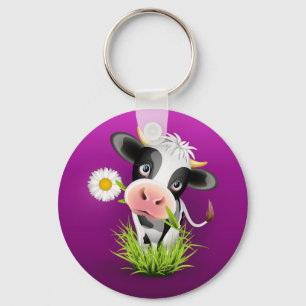 Cute Holstein cow in grass over purple Key Ring