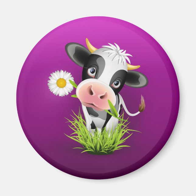 Cute Holstein cow in grass over purple Magnet (Front)
