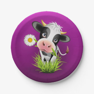 Cute Holstein cow in grass over purple Paper Plate