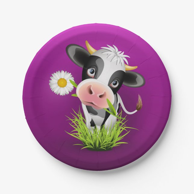 Cute Holstein cow in grass over purple Paper Plate (Front)