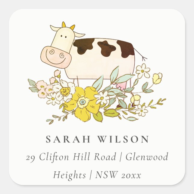 Cute Holy Cow Farm Yellow Floral Kids Address  Square Sticker (Front)