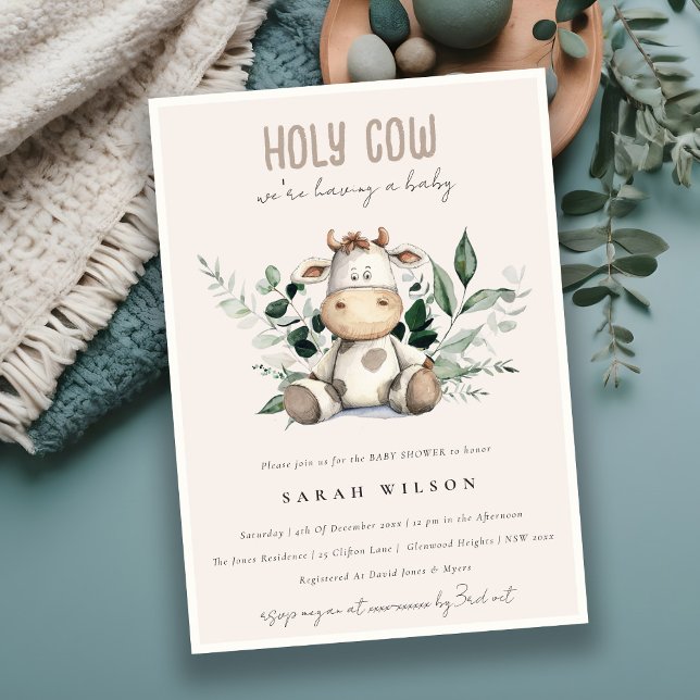 Cute Holy Cow Foliage Pastel Blush Baby Shower Invitation (Creator Uploaded)