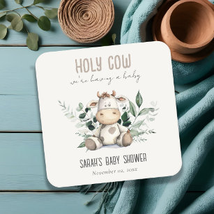 Cute Holy Cow Foliage Pastel Neutral Baby Shower Square Paper Coaster