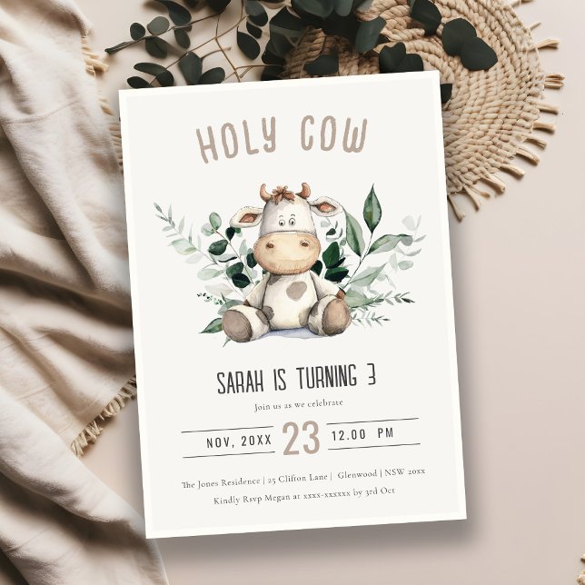Cute Holy Cow Foliage Pastel Neutral Kids Birthday Invitation (Creator Uploaded)