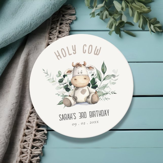 Cute Holy Cow Foliage Pastel Neutral Kids Birthday Round Paper Coaster (Creator Uploaded)