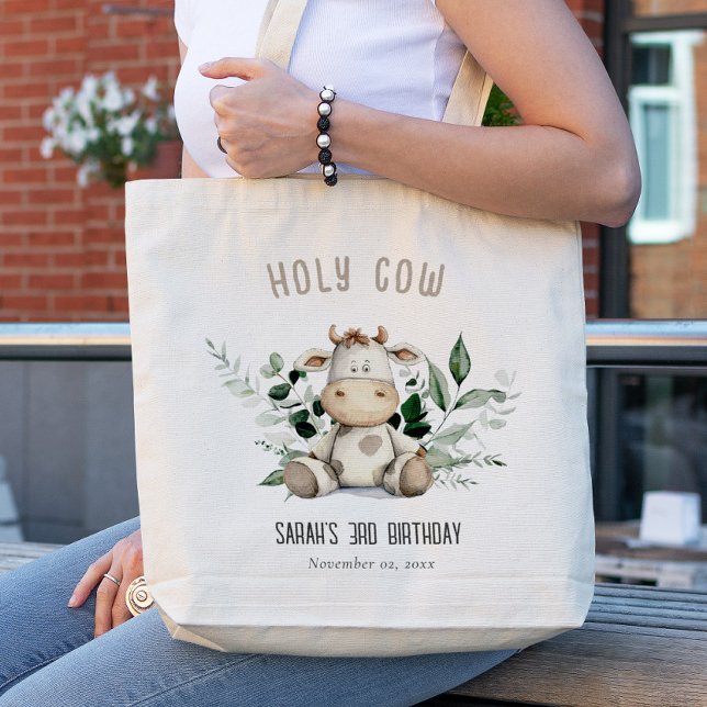 Cute Holy Cow Foliage Pastel Neutral Kids Birthday Tote Bag (Creator Uploaded)