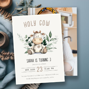 Cute Holy Cow Foliage Pastel Photo Kids Birthday Invitation