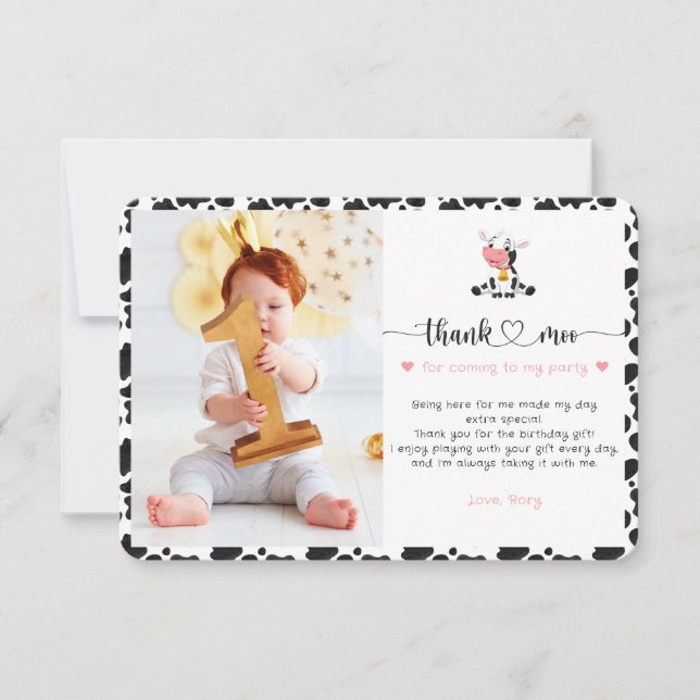 Cute Holy Cow Girl Funny Pink Baby First Birthday Thank You Card (Front)