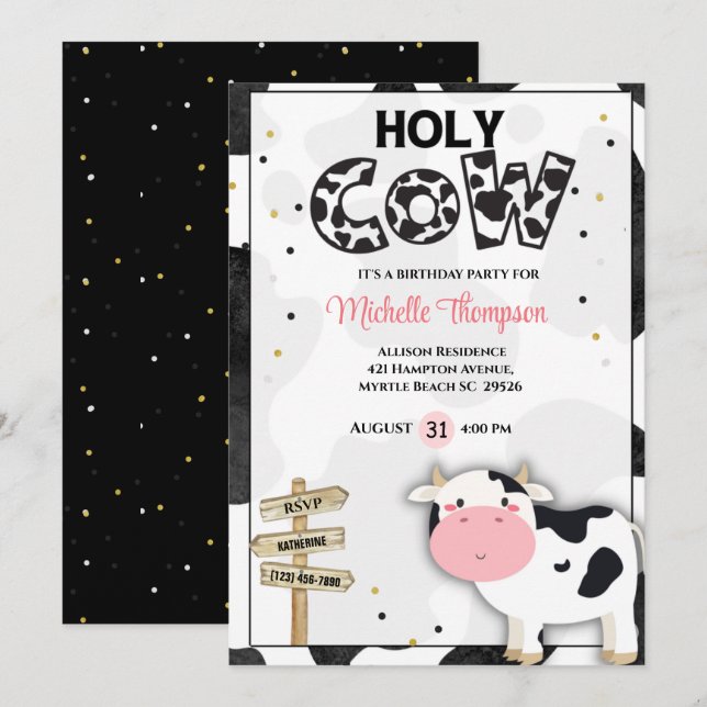 Cute Holy Cow Girls Birthday Party     Invitation (Front/Back)