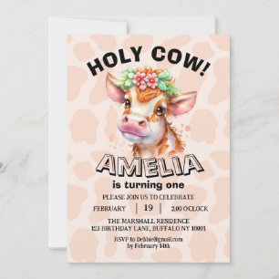 Cute Holy Cow I'm One Girl 1st Birthday Invitation
