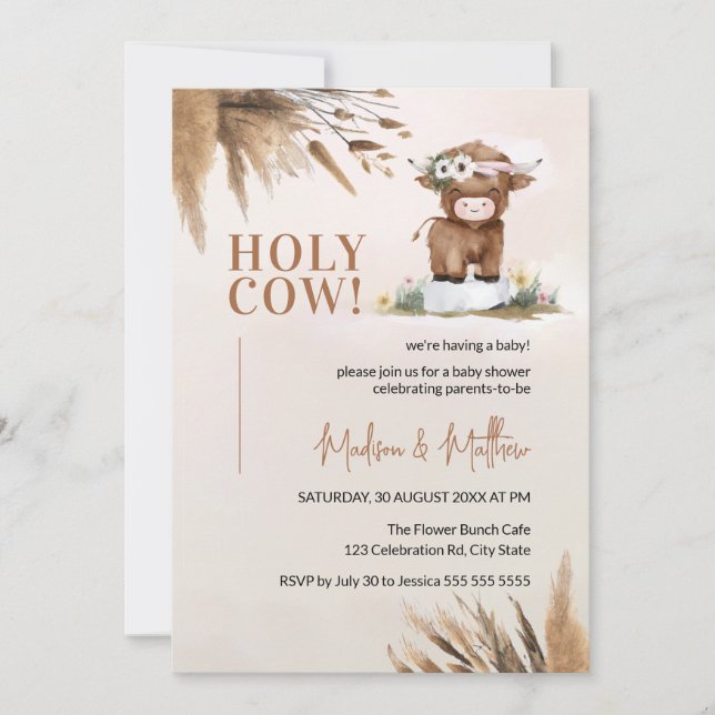 Cute Holy Cow Pampas Rustic Farm Baby Shower Invitation (Front)