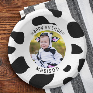 Cute Holy Cow Print Farm Happy Birthday Photo  Paper Plate
