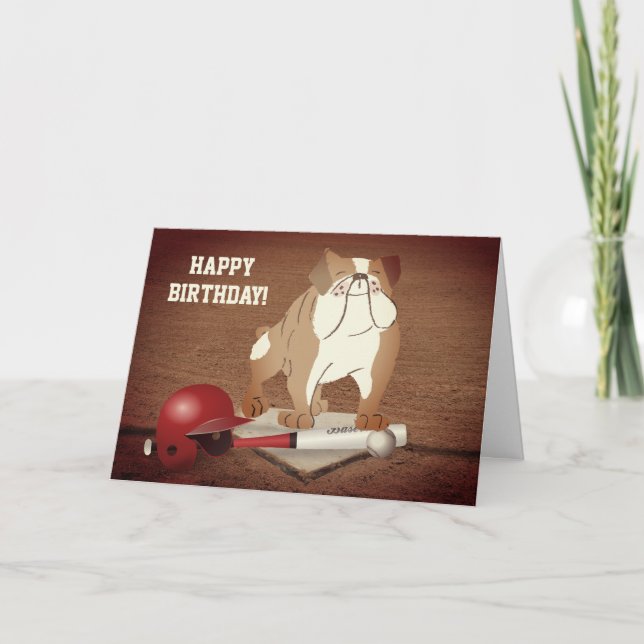 Cute Home Plate Baseball Bulldog Happy Birthday Card (Front)
