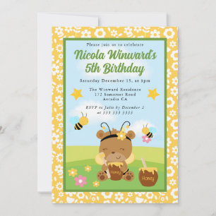 Cute Honey Bear and Bees Kids Birthday  Invitation