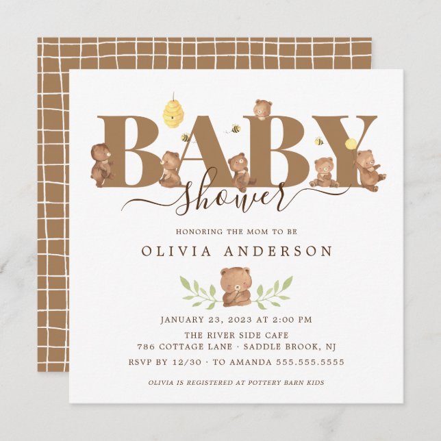 Cute Honey Bear Baby Shower Invitation (Front/Back)