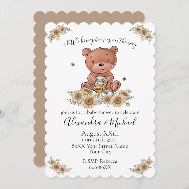 Cute Honey Bear Baby with Bees and Flowers Invitation (Front/Back)