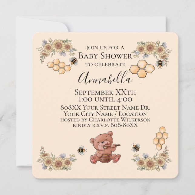 Cute Honey Bear & Bees with Sunflowers Baby Shower Invitation (Front)